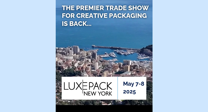 A photo with an aerial view of the New York skyline with text showing that Luxe Pack New York, the premiere trade show for creative packaging, will return to Manhattan's Javits Center on May 7th - 8th, 2025.
